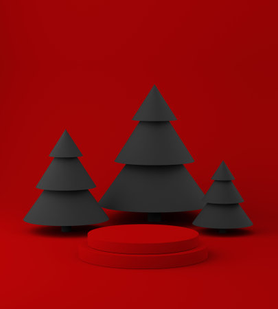 New year podium stage for product placement, minimal christmas trees on colorful background. 3d illustrationの写真素材