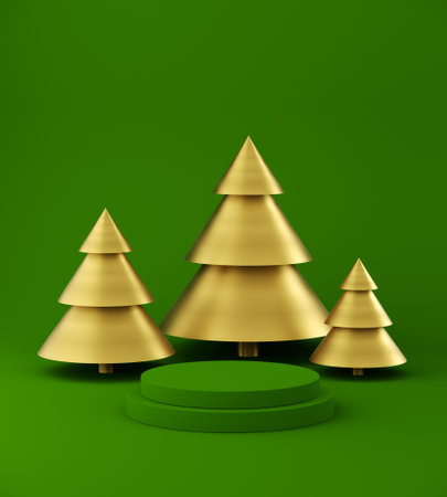 New year podium stage for product placement, minimal christmas trees on colorful background. 3d illustrationの写真素材