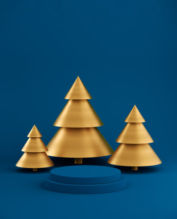 New year podium stage for product placement, minimal christmas trees on colorful background. 3d illustrationの写真素材