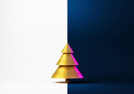 Christmas minimalistic greeting postcard background with christmas trees on colorful background. 3D rendering.の写真素材