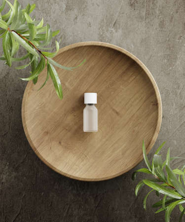 Pedestal for natural cosmetic product presentation. Stone and wood cylinders with plant leaves. 3d illustration.の写真素材