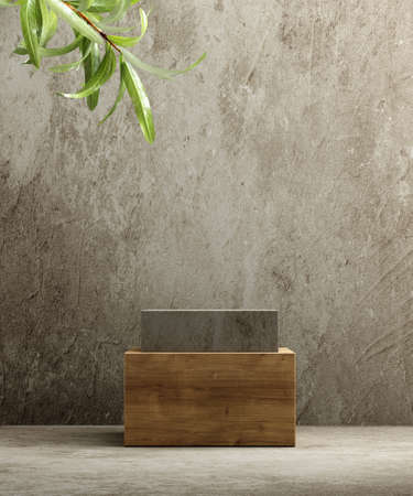 Pedestal for natural cosmetic product presentation. Wood podium with plant leaves. 3d illustration.の写真素材