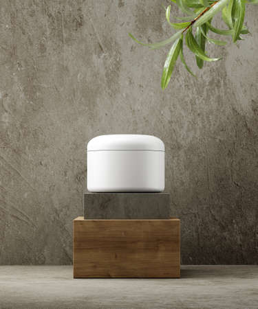 Pedestal for natural cosmetic creme presentation. Stone and wood cylinders with plant leaves. 3d illustration.の写真素材