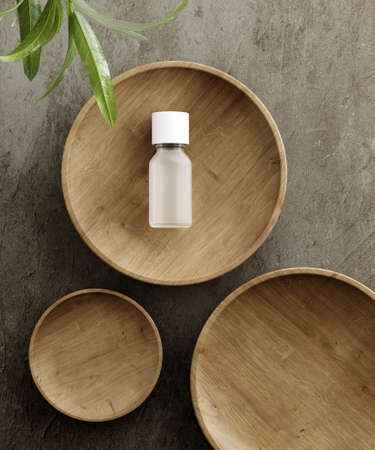 Pedestal for natural cosmetic product presentation. Stone and wood cylinders with plant leaves. 3d illustration.の写真素材
