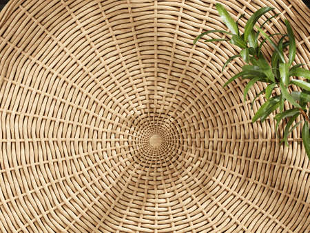 Natural cosmetic product display. Wicker basket with leaves, 3d illustrationの写真素材