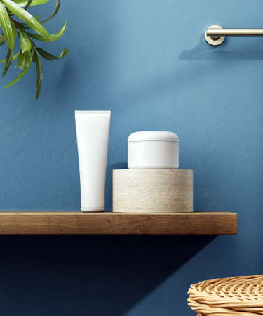 Cosmetic product display bathroom interior background. 3d illustrationの写真素材