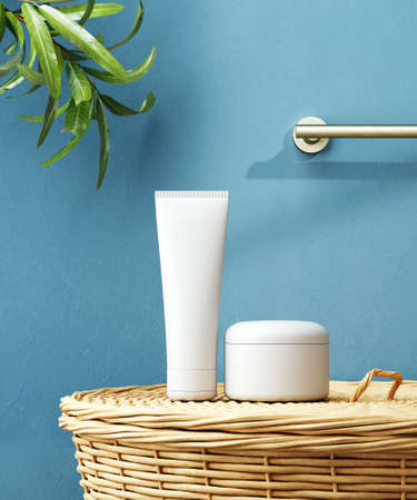 Cosmetic product display bathroom interior background. 3d illustrationの写真素材