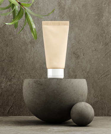 Pedestal for natural cosmetic product presentation. Stone and wood cylinders with plant leaves. 3d illustration.の写真素材