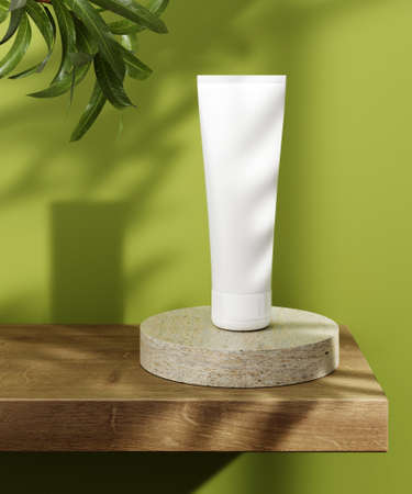 Pedestal for natural cosmetic product presentation. Stone and wood cylinders with plant leaves. 3d illustration.の写真素材