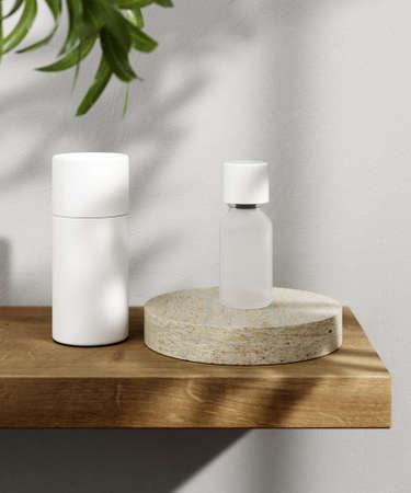 Cosmetic product display bathroom interior background. 3d illustrationの写真素材