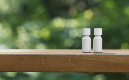 Natural Cosmetic product presentation. Ourdoors garden placement. White blank Jar shampoo bottle. 3d illustration content.の写真素材