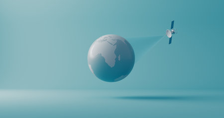 An artificial satellite of cellular communication and GPS rotates in orbit around the earth, transmitting a signal.の写真素材