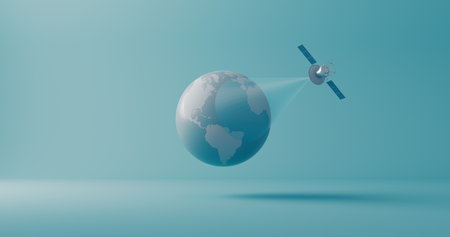 Modern monochrome 3d illustration of orbiting above planet satellite with solar panels. GPS or cellular signal.の写真素材