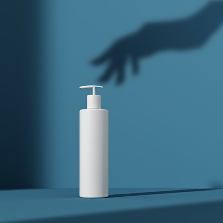 Cosmetic product display with elegant female hand shadow, color podium for skin care product presentation, 3d renderingの写真素材