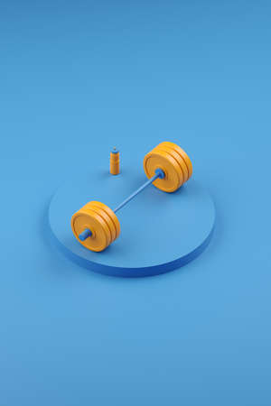 3d render. Minimalistic abstract background design. A heavy barbell and a 3d water flask stand on a bright colored podium.の写真素材