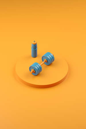 3d render. Abstract color minimalistic background design. A heavy dumbbell lies on the podium. Orthographic projection isometry style.の写真素材