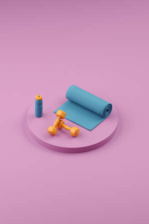 3d render. Abstract color minimalistic background design. Womens dumbbells for strength training, a yoga mat and a flask in the gym.の写真素材