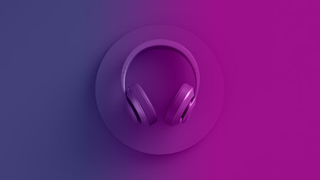 Neon color image of wireless headphones top view. Pink violet glowing background design. 3d illustrationの写真素材