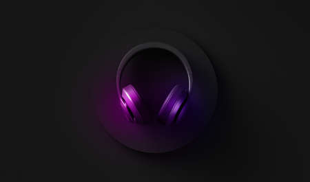 Neon color image of wireless headphones top view. Black glowing background design. 3d illustrationの写真素材