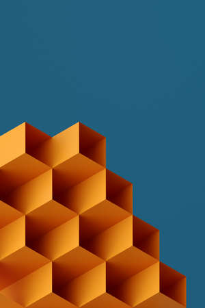 Contrasting color geometric abstract composition. 3d illustration of a three-dimensional figure on a blue backgroundの写真素材