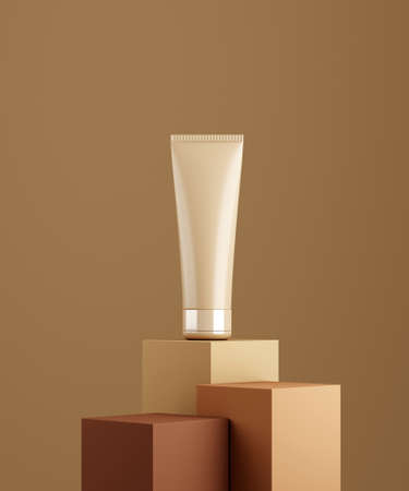 Monocolor scene for cosmetic bb-creme product presentation. Cosmetic jar on pedestal background. 3d renderの販売画像