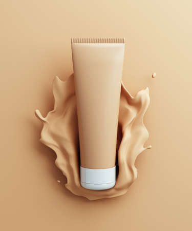 color scene for cosmetic bb-creme product presentation. Cosmetic jar with liquid splash. 3d renderの写真素材