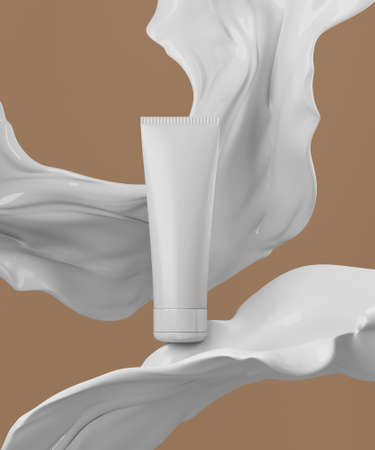 Epic scene for cosmetic creme product presentation. Cosmetic jar with liquid splash.. 3d renderの写真素材