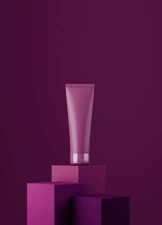 Monocolor scene for cosmetic product presentation. Cosmetic jar on pink pedestal background. 3d render.の写真素材