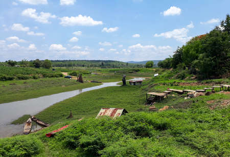 Green open space by the riverの写真素材
