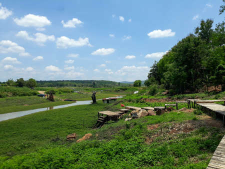 Viewpoint, river and green mountainの写真素材