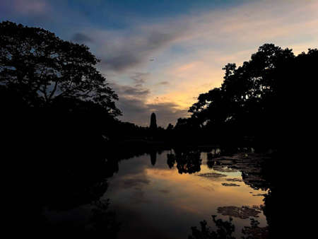 Silhouette of a garden with Ayutthaya Pagoda, trees and a pond in the evening. There is a bright golden skyの写真素材