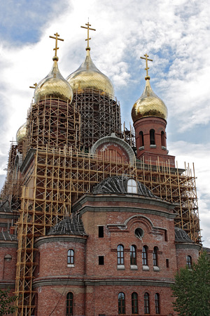 construction of an orthodox church, Arkhangelsk, Russiaの写真素材