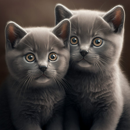 Two blue British kittens at the age of four months with a thick coat close-up on a black background....