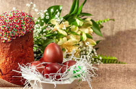 Easter cake and colorful eggs on a plate and flowers. Easter background.