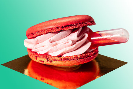 Red macaroons with pink cream and an ampoule of syrup. gift option. food photo.の写真素材