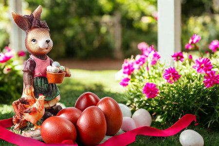 Easter Bunny sits among colorful eggs on a colored background.