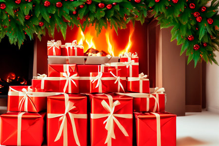 Photo of luxury gift boxes under the tree, Christmas decorations for the home, beautiful Santa gift wrapping, fireplace, holiday tree decorated with garland, baubles, traditional holiday. Christmas.の素材