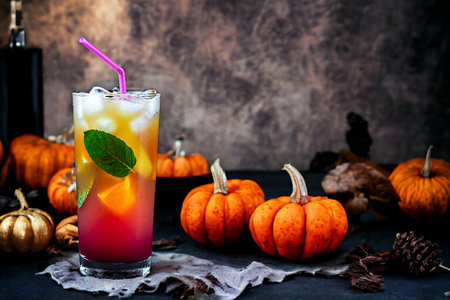 Alcoholic cocktail with ice on a background of orange pumpkins. Cocktail.の写真素材