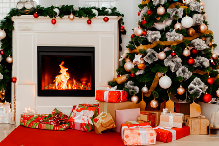 Photo of luxury gift boxes under the tree, Christmas decorations for the home, beautiful Santa gift wrapping, fireplace, holiday tree decorated with garland, baubles, traditional holiday. Christmas.の素材