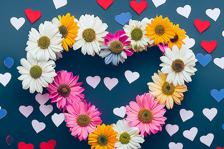 Heart made of multi-colored flowers. Valentines Day card. For packaging, package design, wedding or print.の素材