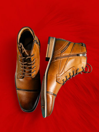 A pair of premium calfskin boots on a red background. Vertical shot. Men's shoe ideas.