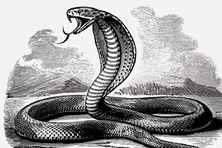 Cobras are highly venomous snakes from the family Elapidae, vintage line drawing or engraving illustration. Snakes.の写真素材