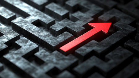 Black labyrinth and red solution line, difficult way to find a way out, business concept. illustration. Business.の写真素材