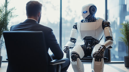 A businessman and a robot are sitting next to each other. Modern technologies, robot versus human, artificial intelligence, neural networks. 3D rendering, 3D illustration. Technologies.の写真素材