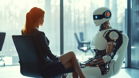 A businesswoman and a robot are sitting next to each other. Modern technologies, robot versus human, artificial intelligence, neural networks. 3D rendering, 3D illustration. Technologies.の写真素材