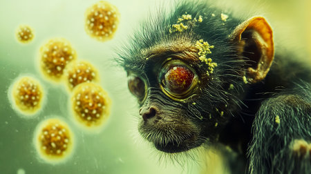 Monkey surrounded by monkeypox viruses, conceptual 3D illustration. Monkeypox awareness concept.の写真素材