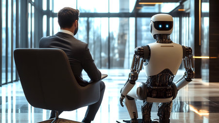 A businessman and a robot are sitting next to each other. Modern technologies, robot versus human, artificial intelligence, neural networks. 3D rendering, 3D illustration.の写真素材