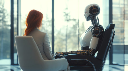 A businesswoman and a robot are sitting next to each other. Modern technologies, robot versus human, artificial intelligence, neural networks. 3D rendering, 3D illustration. Technologies.の写真素材