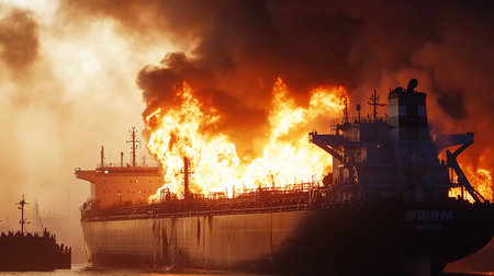 Fire on a cargo ship. A ship carrying liquefied gas caught fire. Explosion and fire on an oil tanker...