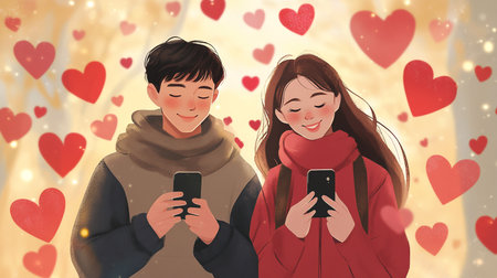 A simple illustration of a young man and woman smiling as they look at their smartphones on a background of hearts. Valentine's Day. Love and technology.の写真素材